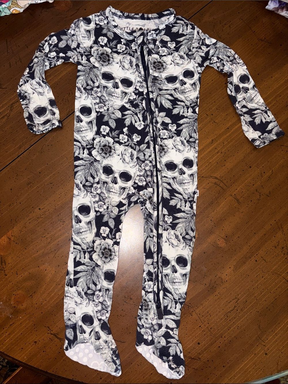 Little Bum Bums 9-12M Black and White Skull Floral Footed One-Piece